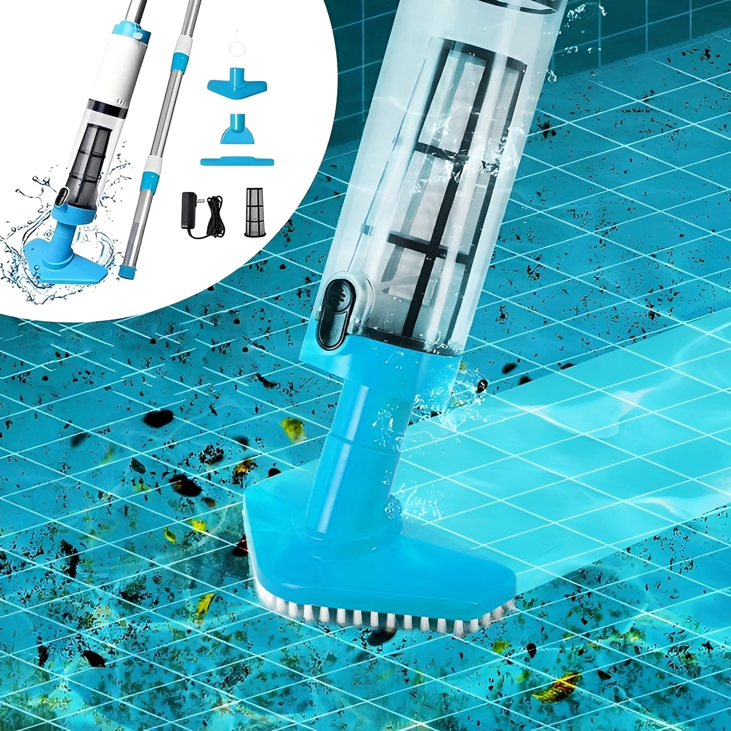 Rechargeable Pool Vacuum with Interchangeable Heads and Snap Attachment System