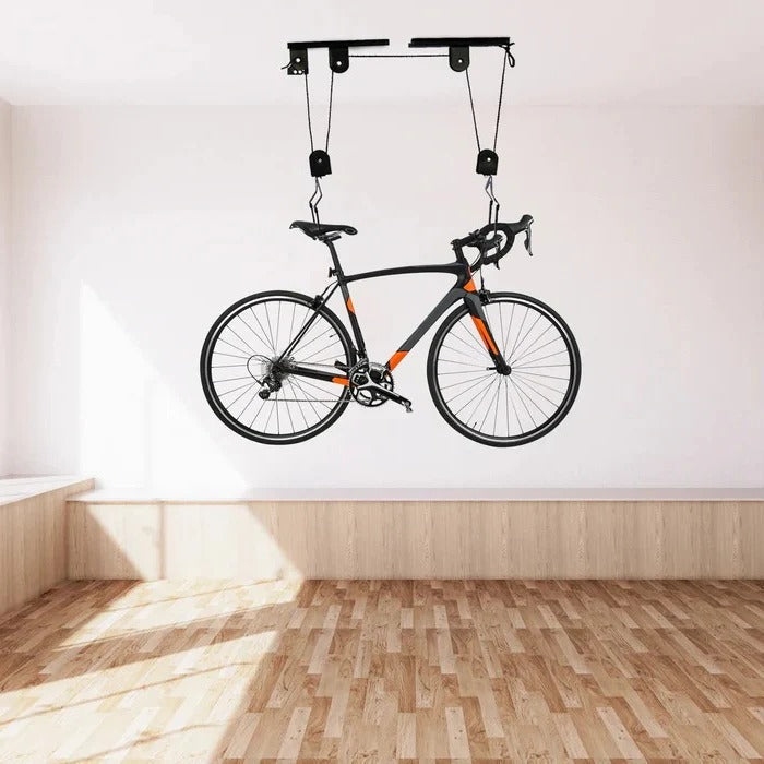 Bike Hoist Pulley System with Coated Hooks and Safety Strap, 132 lb Capacity
