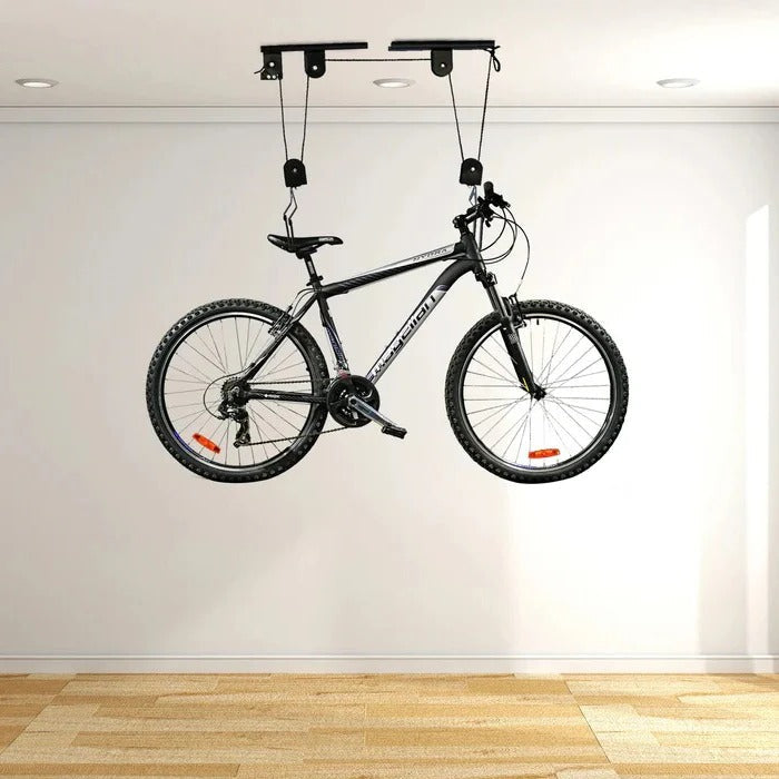 Bike Hoist Pulley System with Coated Hooks and Safety Strap, 132 lb Capacity