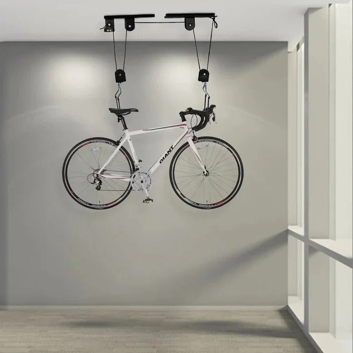 Bike Hoist Pulley System with Coated Hooks and Safety Strap, 132 lb Capacity