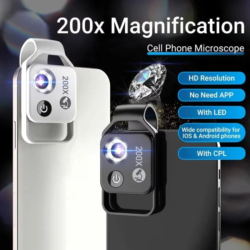 Smartphone Microscope Lens with 200X Magnification and Universal Clip