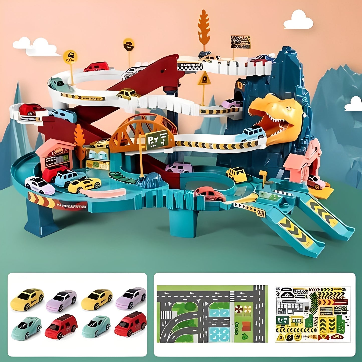 Dinosaur Race Track Playset with Eight Cars and Multi-Level Construction