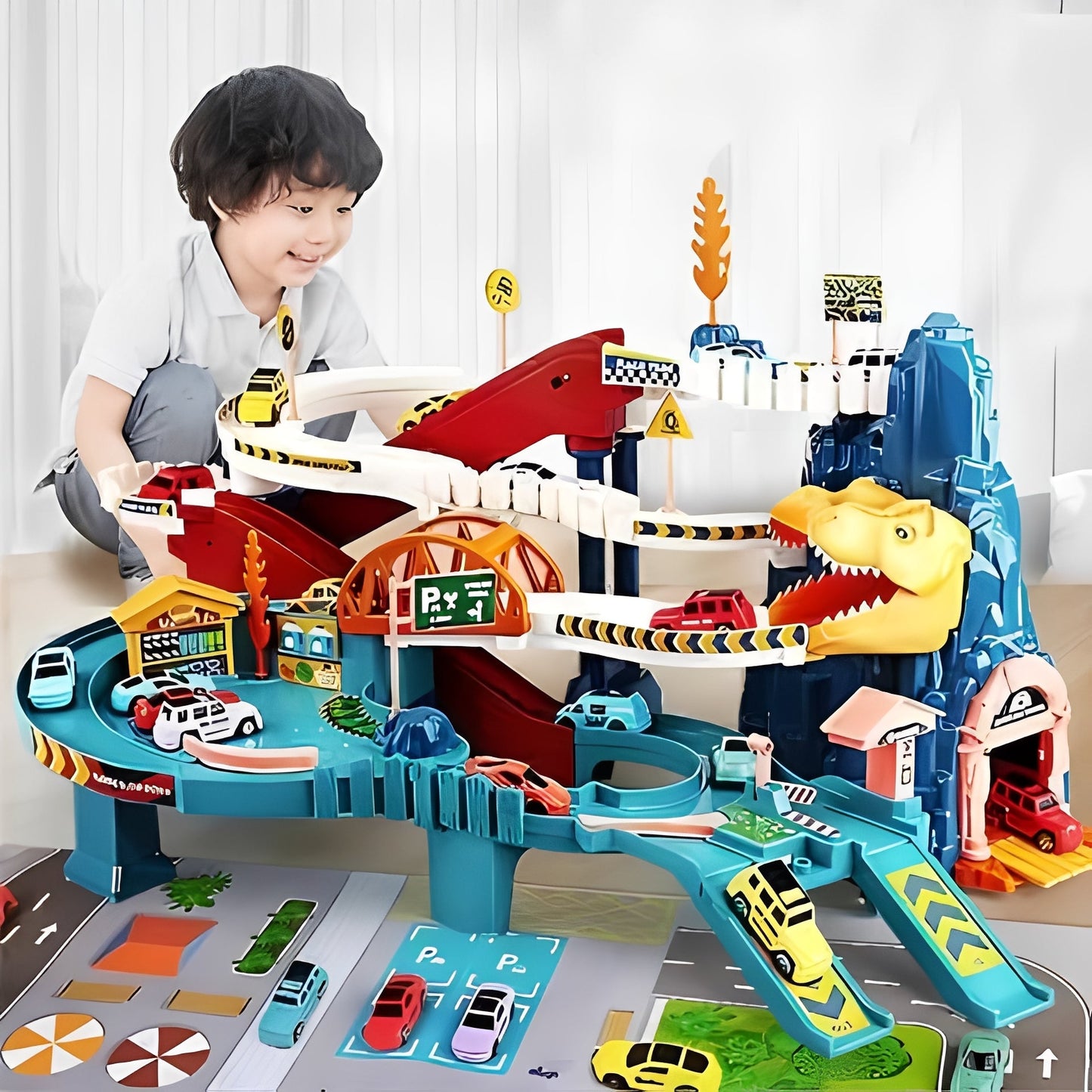 Dinosaur Race Track Playset with Eight Cars and Multi-Level Construction
