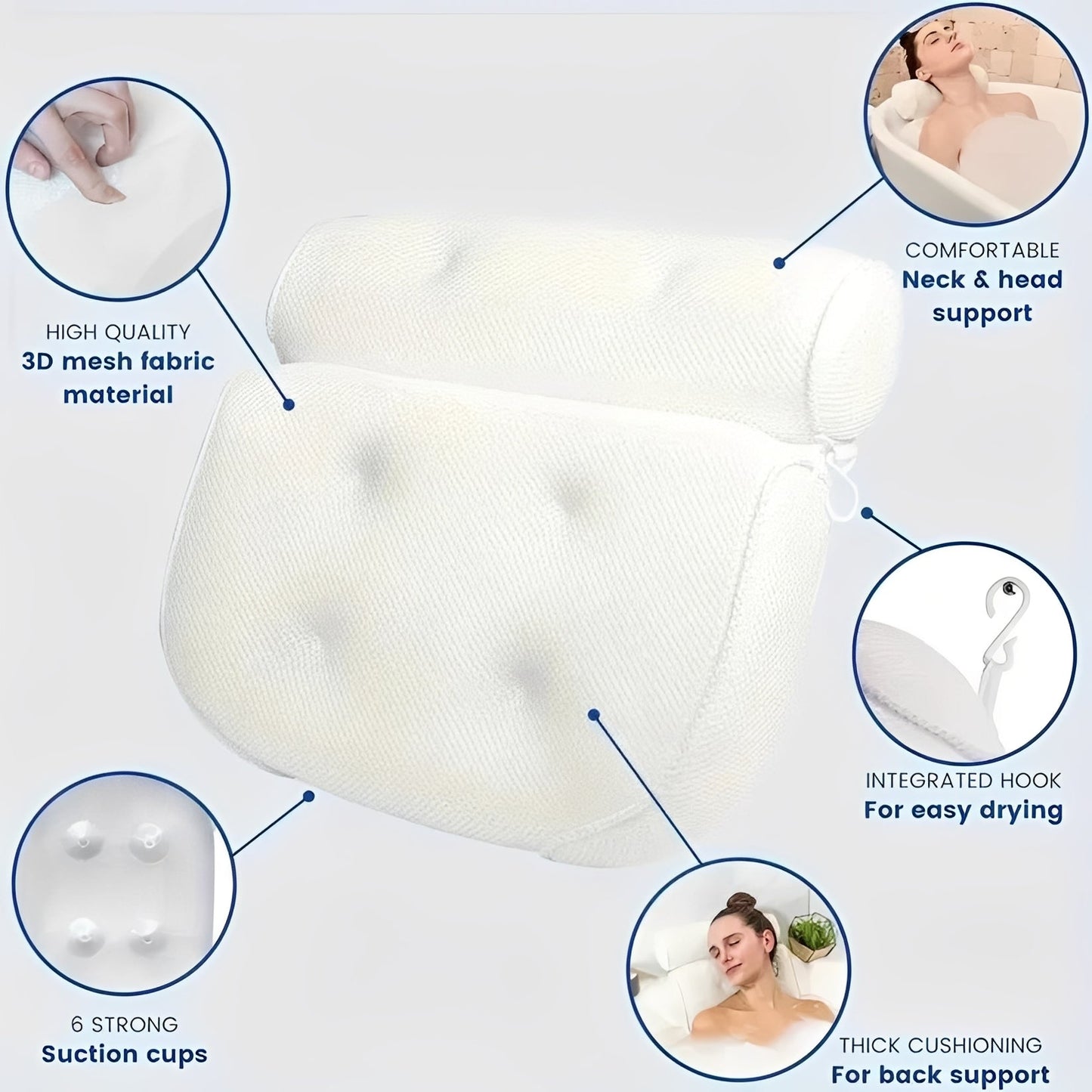 Ergonomic Bath Pillow with 6 Suction Cups and Mesh Surface for Head and Neck Support
