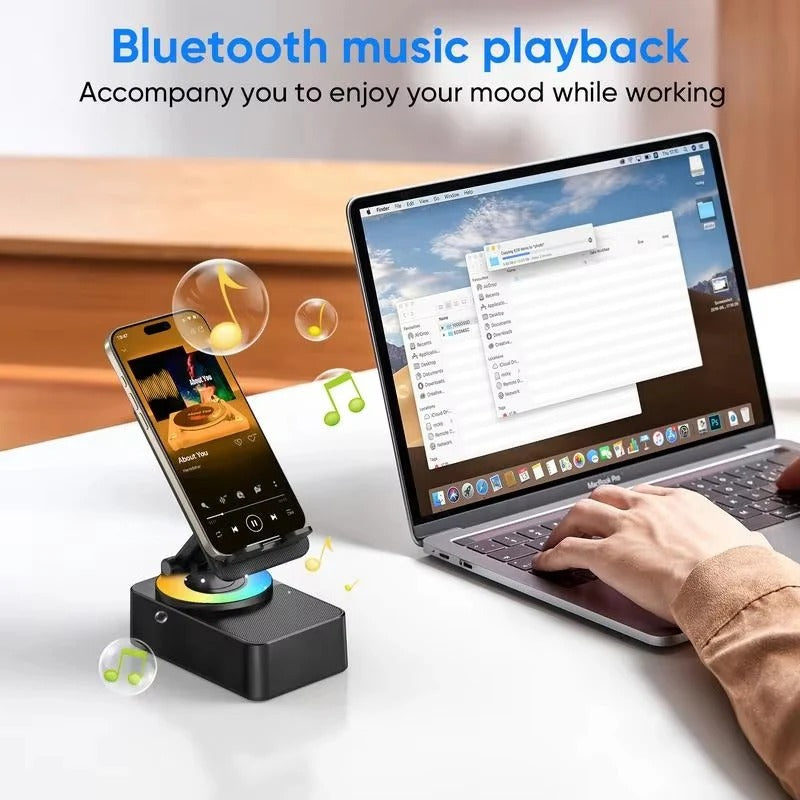Foldable Phone Stand with Wireless Speaker and 1500mAh Power Bank, Color LED Base