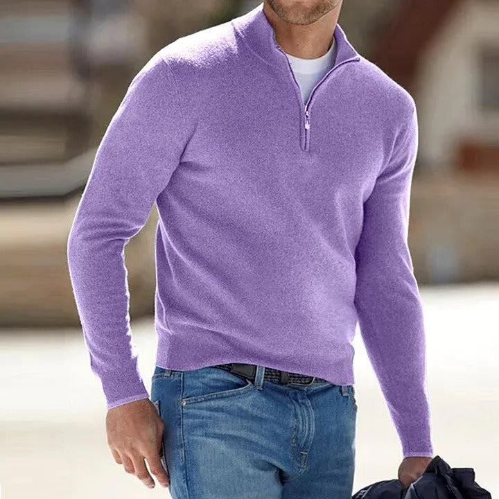Men Long Sleeve Sweater with Zipper Front and Solid Color Design