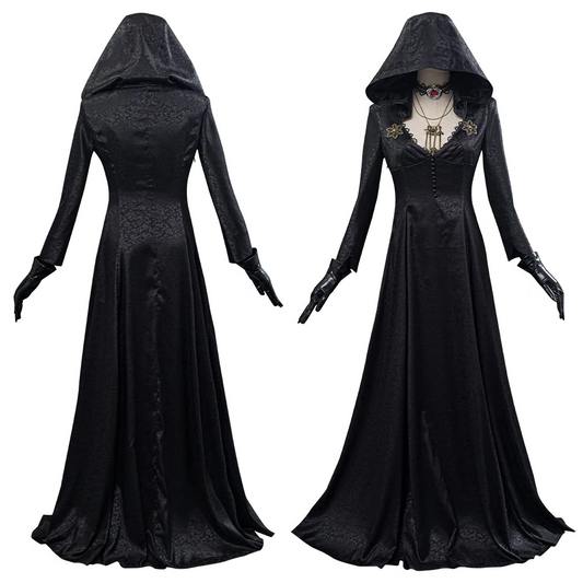 Vampire Lady Cosplay Costume with Jacquard Coat and Satin Dress, Neckband and Tattoo Stickers