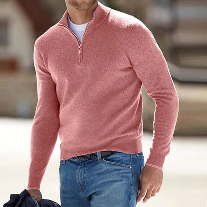 Men Long Sleeve Sweater with Zipper Front and Solid Color Design