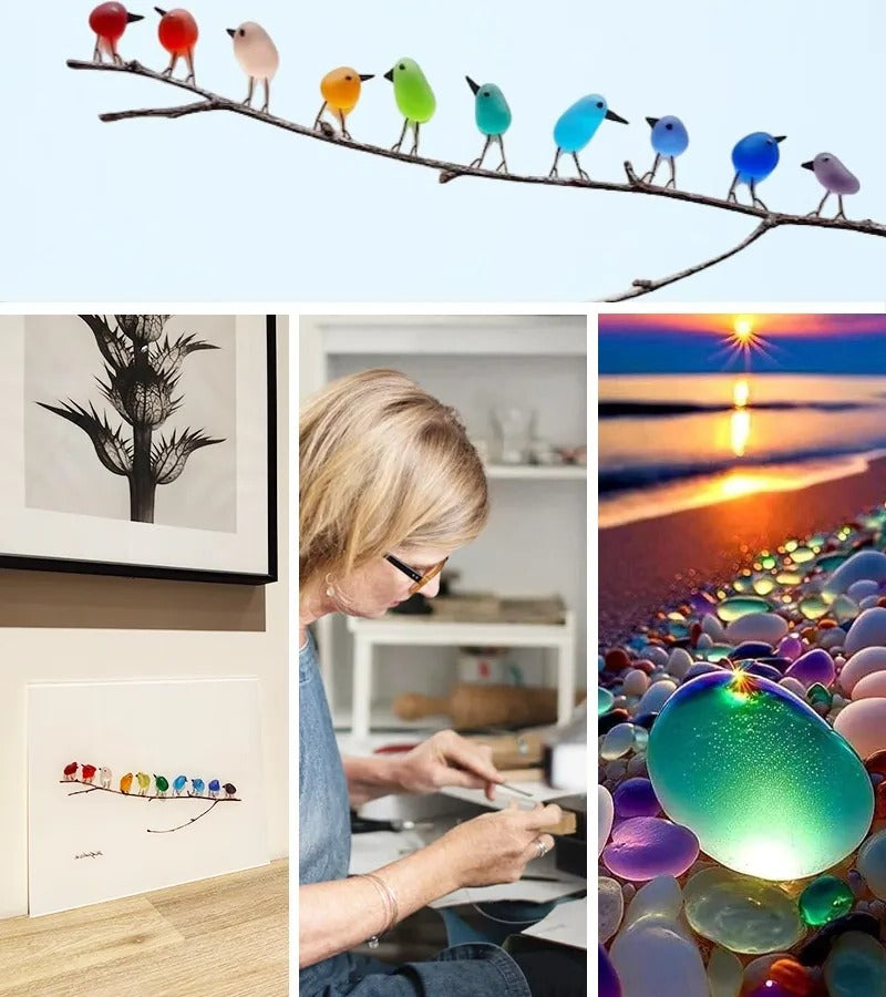 Sea Glass Rainbow Birds Wall Art with Driftwood Base and Hand-Positioned Design