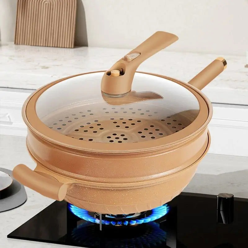Nonstick Wok with Micropressure Sealing and Steamer Basket, Gas and Induction Compatible