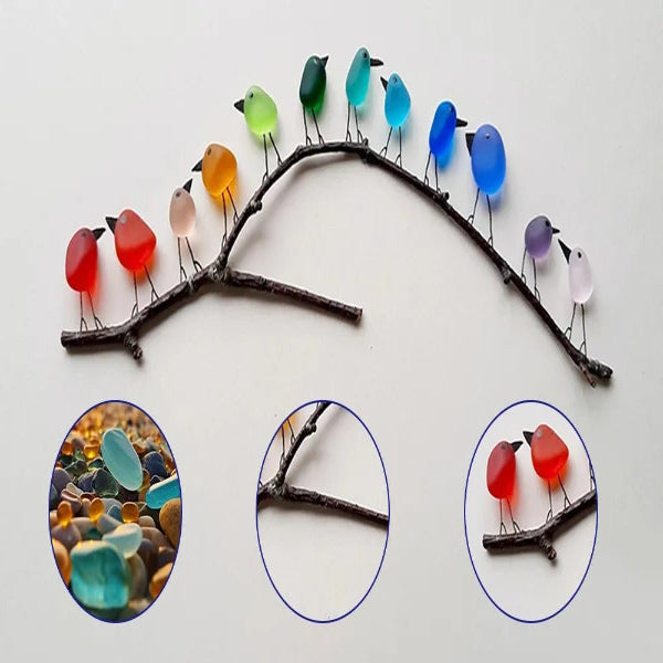 Sea Glass Rainbow Birds Wall Art with Driftwood Base and Hand-Positioned Design