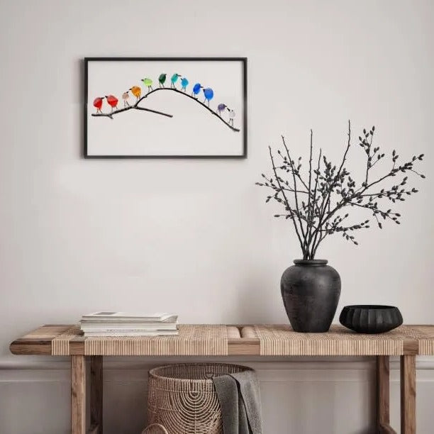 Sea Glass Rainbow Birds Wall Art with Driftwood Base and Hand-Positioned Design