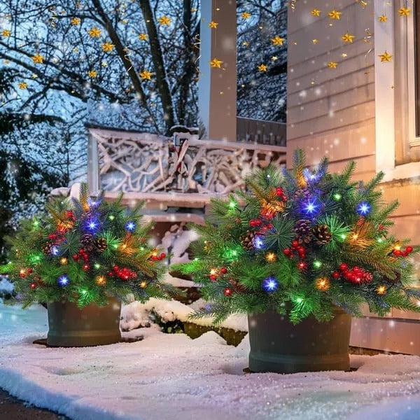 LED Urn Filler with 35 Warm White Lights and Evergreen Branches, 18in Base