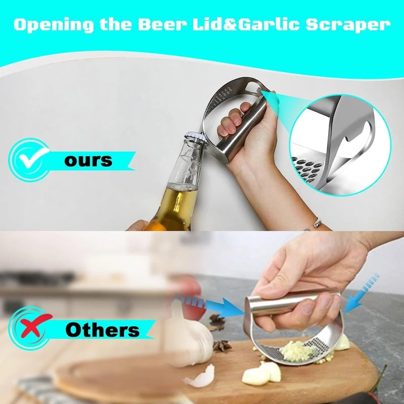 Curved Garlic Press Rocker with Bottle Opener and Multi-Ingredient Function
