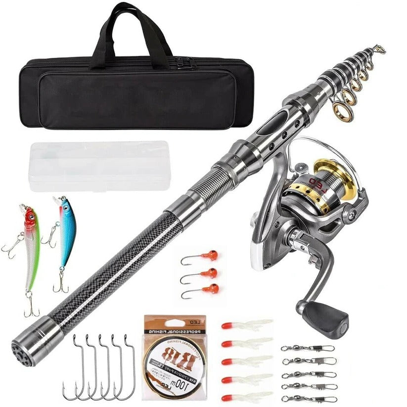 Telescopic Fishing Rod Kit with Carbon Fiber Rod and Spinning Reel, 100m Line, Tackle Bag