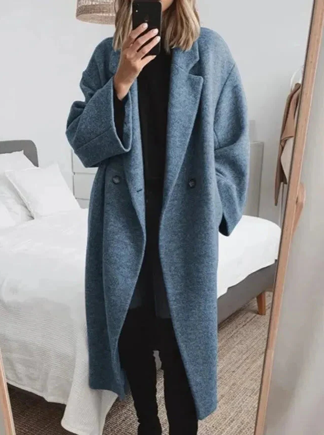 Oversized Lapel Collar Coat with Polyester Elastane Blend for Women