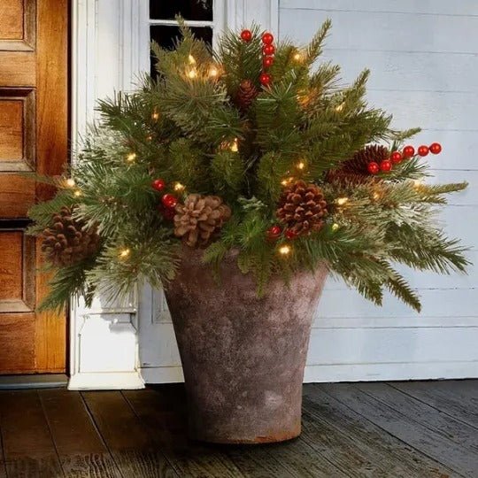 LED Urn Filler with 35 Warm White Lights and Evergreen Branches, 18in Base