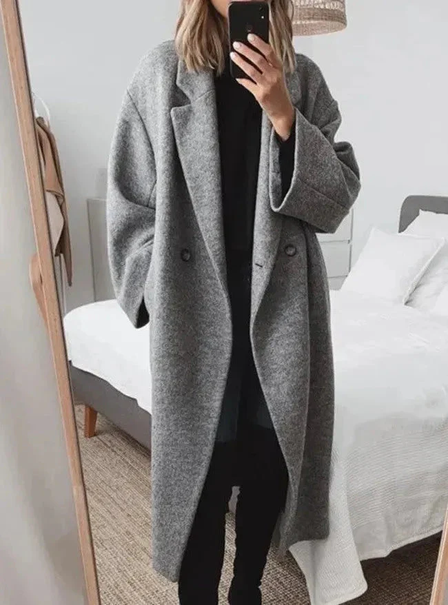 Oversized Lapel Collar Coat with Polyester Elastane Blend for Women
