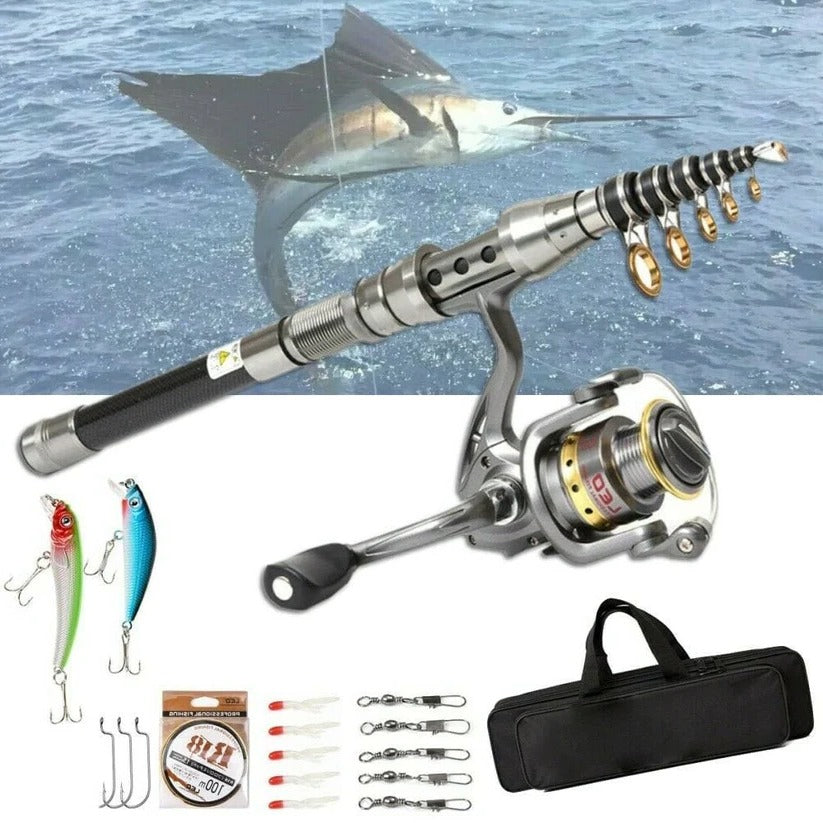 Telescopic Fishing Rod Kit with Carbon Fiber Rod and Spinning Reel, 100m Line, Tackle Bag