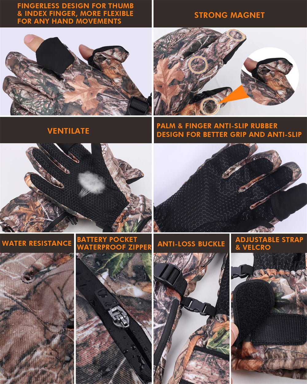 Heated Camo Vest and Gloves Set with Eight Heating Zones and Flip Open Fingertips