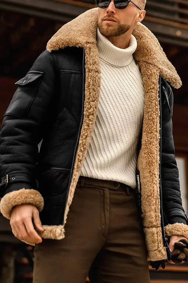 Sheepskin Leather Jacket for Men with Full Lining and Hand Pockets
