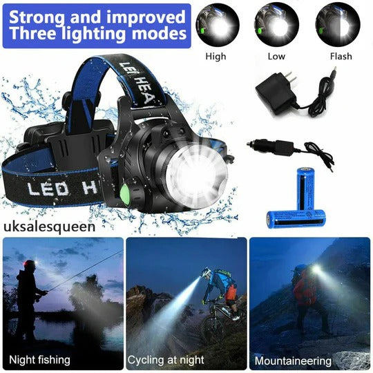 Rechargeable LED Headlamp with Adjustable Beam for Hands-Free Use