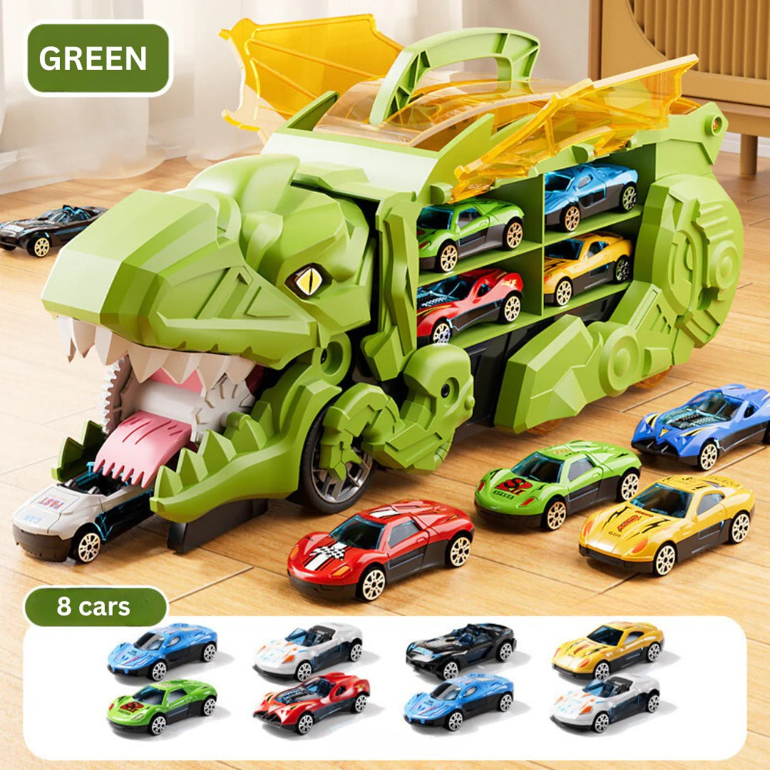 Convertible Dinosaur Truck Playset with Dual Racing Tracks and 3 Mini Cars, Ages 3+