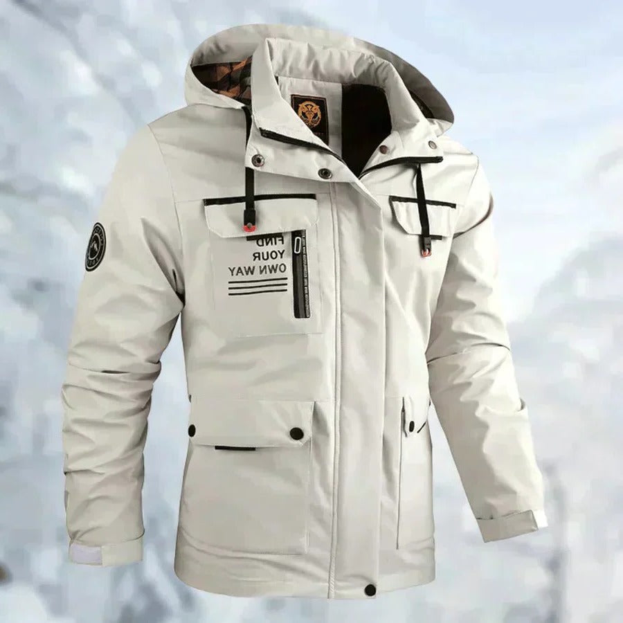 Mens Outdoor Jacket with Adjustable Detachable Hood and Breathable Membrane, Multiple Zippered Pockets