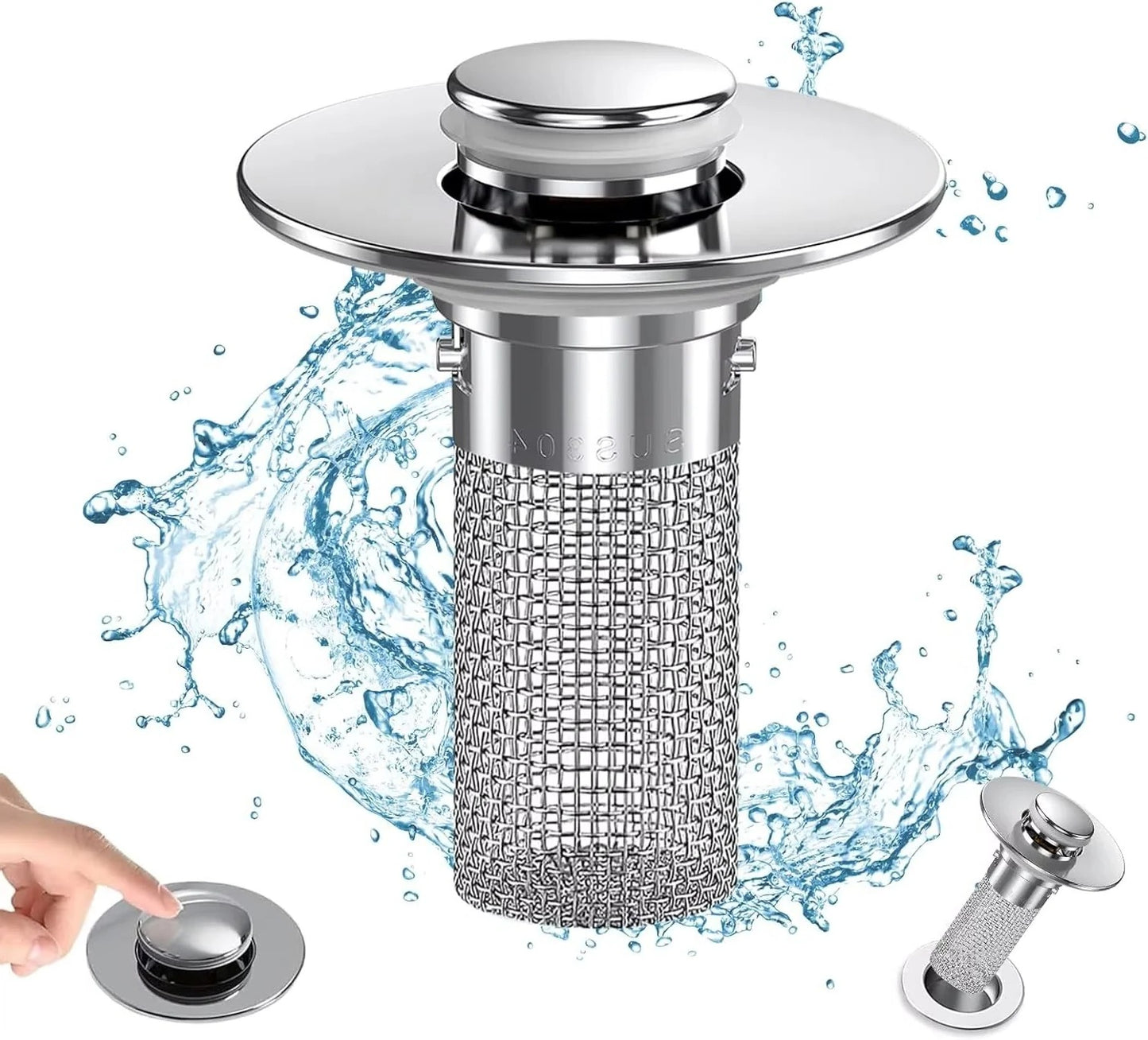 Pop-Up Sink Drain Stopper with Built-In Hair Catcher for Bathroom and Kitchen Sinks