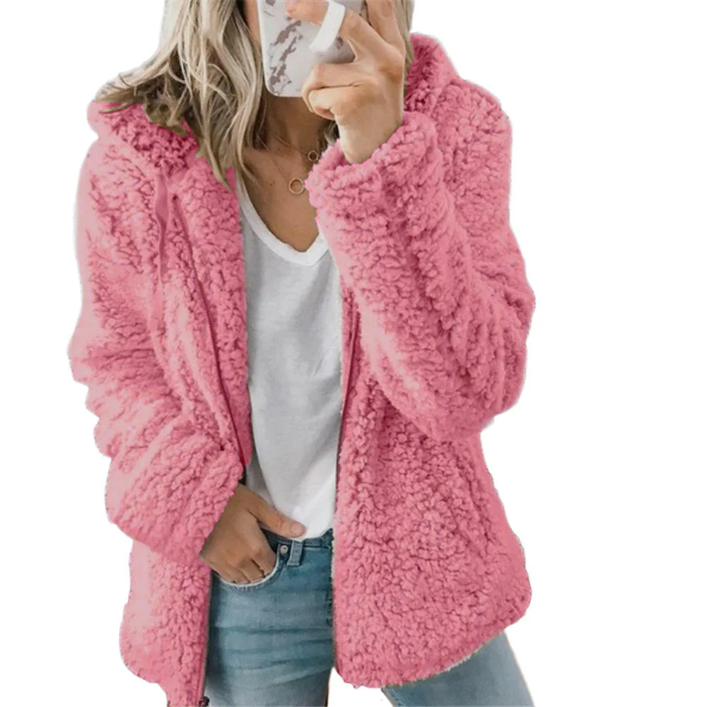 Fleece Coat with Bear Teddy Texture and Full Zipper, Side Pockets