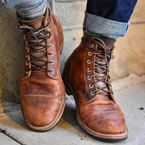 Mens Lace Up Ankle Boots with Adjustable Hook and Loop Straps and Contoured Sole