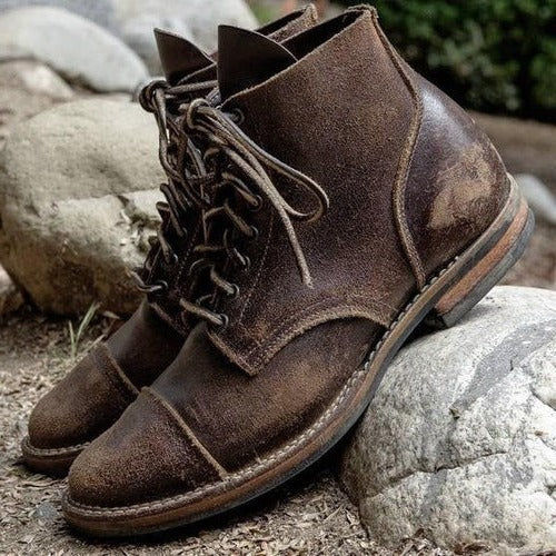 Mens Lace Up Ankle Boots with Adjustable Hook and Loop Straps and Contoured Sole
