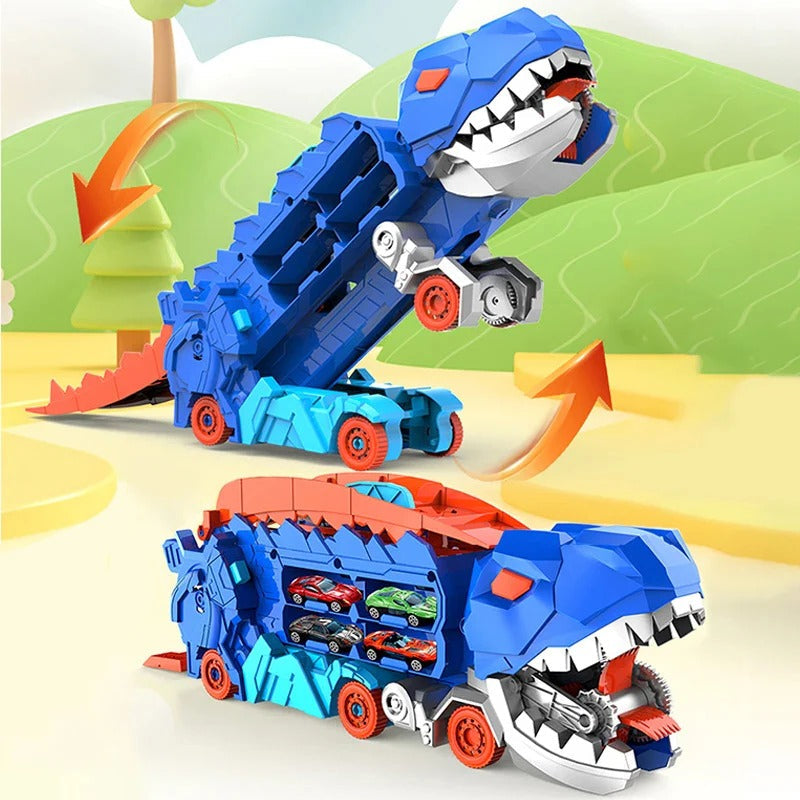 Convertible Dinosaur Truck Playset with Dual Racing Tracks and 3 Mini Cars, Ages 3+