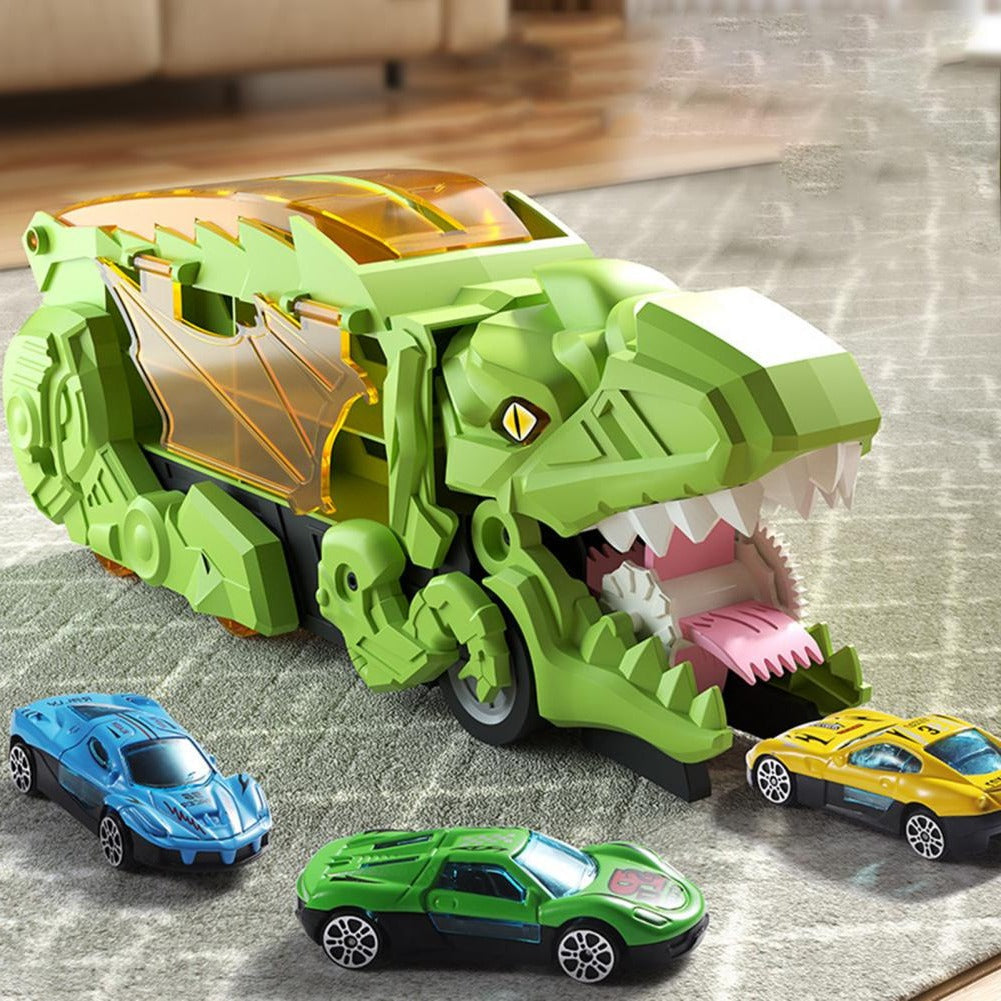 Convertible Dinosaur Truck Playset with Dual Racing Tracks and 3 Mini Cars, Ages 3+