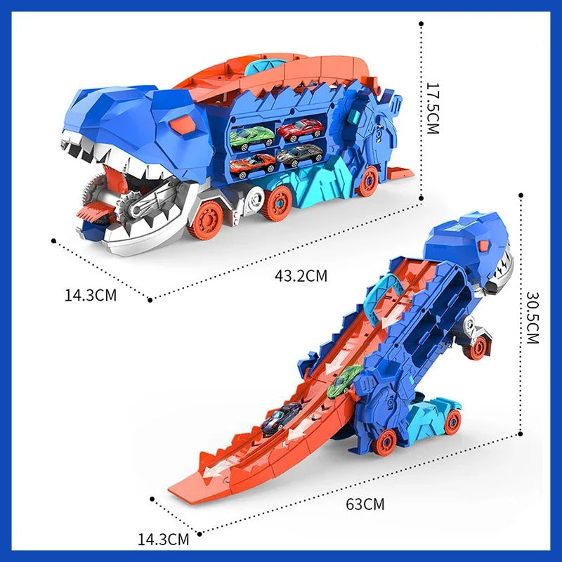 Convertible Dinosaur Truck Playset with Dual Racing Tracks and 3 Mini Cars, Ages 3+