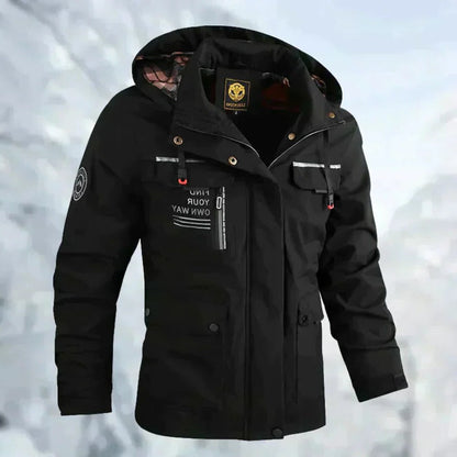 Mens Outdoor Jacket with Adjustable Detachable Hood and Breathable Membrane, Multiple Zippered Pockets