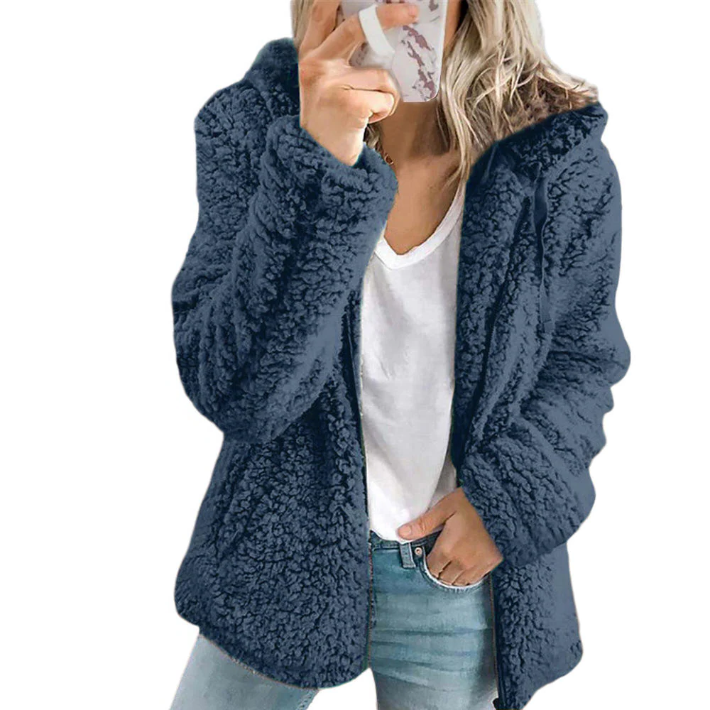 Fleece Coat with Bear Teddy Texture and Full Zipper, Side Pockets