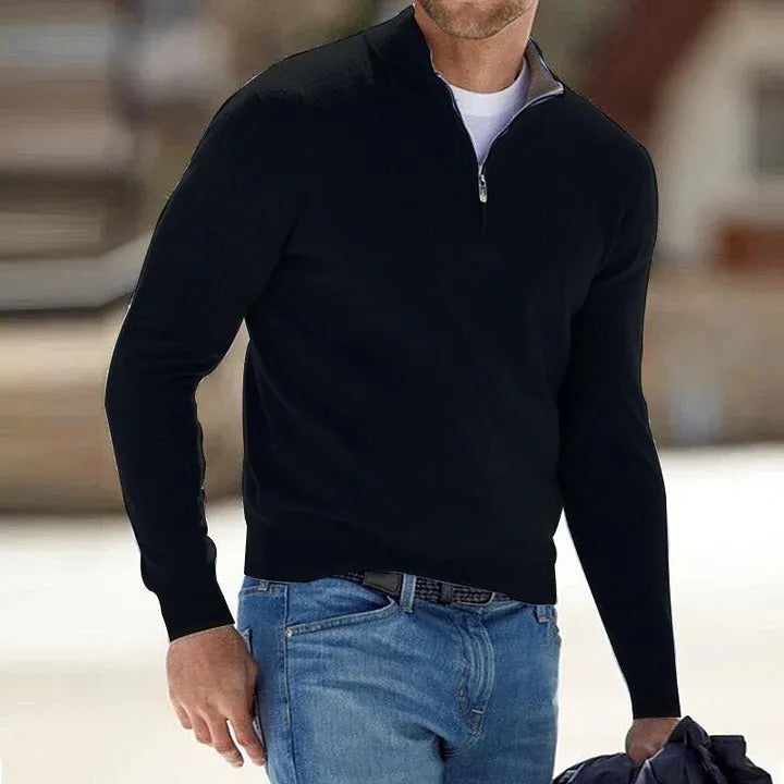 Men Long Sleeve Sweater with Zipper Front and Solid Color Design