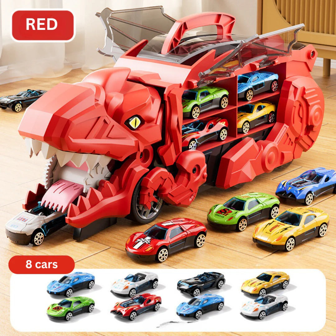 Convertible Dinosaur Truck Playset with Dual Racing Tracks and 3 Mini Cars, Ages 3+