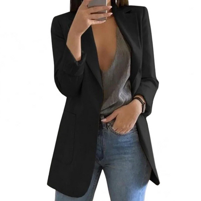 Women's Long Wool Blazer with Open Front Design and Tailored Fit