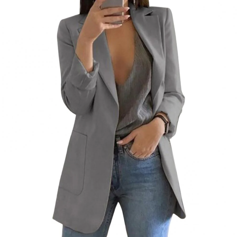 Women's Long Wool Blazer with Open Front Design and Tailored Fit