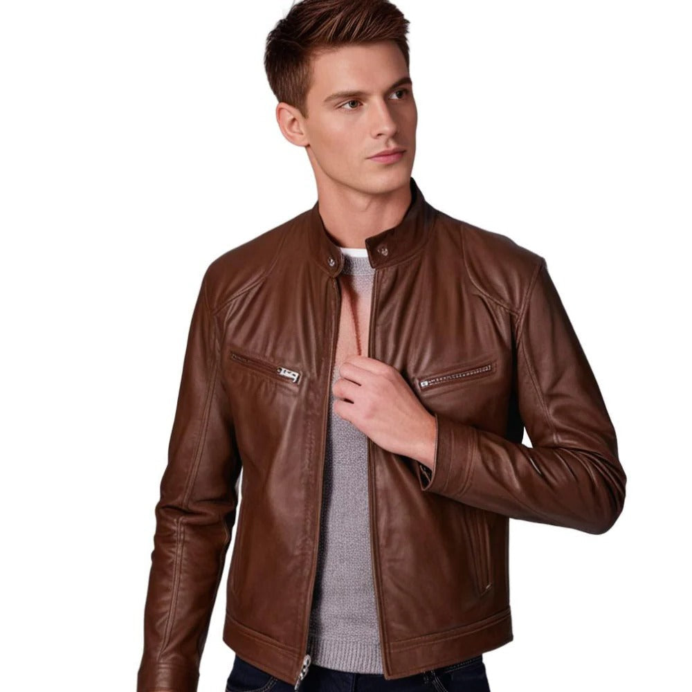 PU Leather-Effect Jacket for Men with Breathable Lining and Light Padding, Zipper Closure