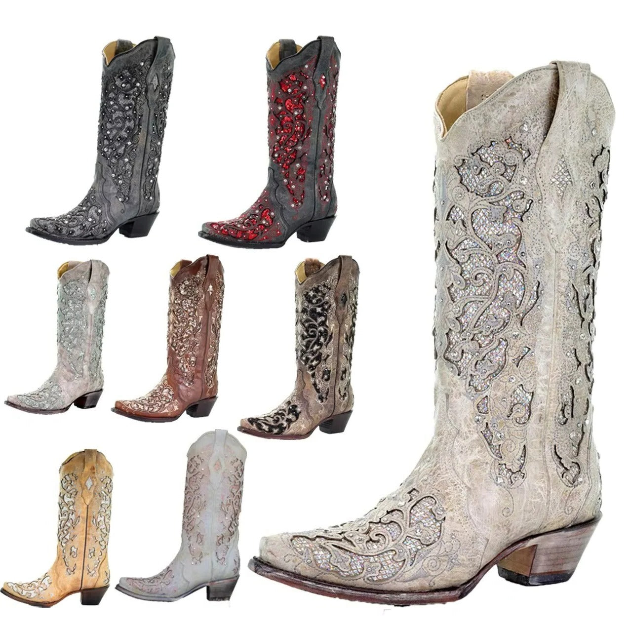 Retro Pointed Toe Boots with Sequins and Embroidery