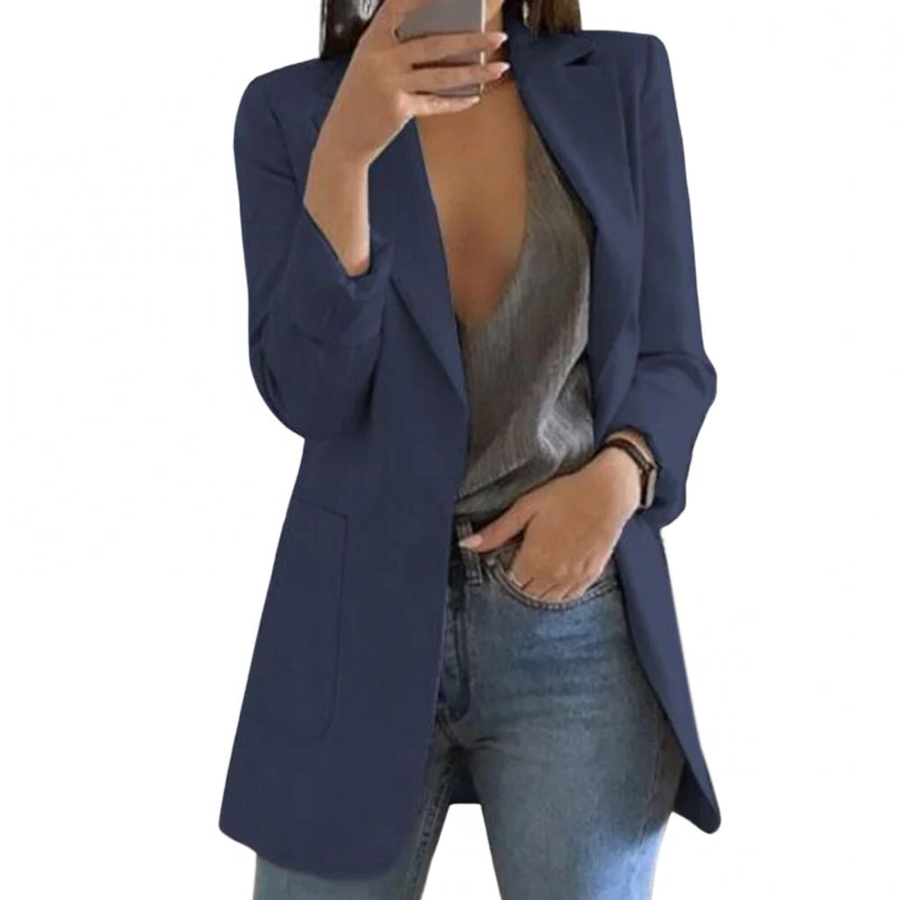 Women's Long Wool Blazer with Open Front Design and Tailored Fit
