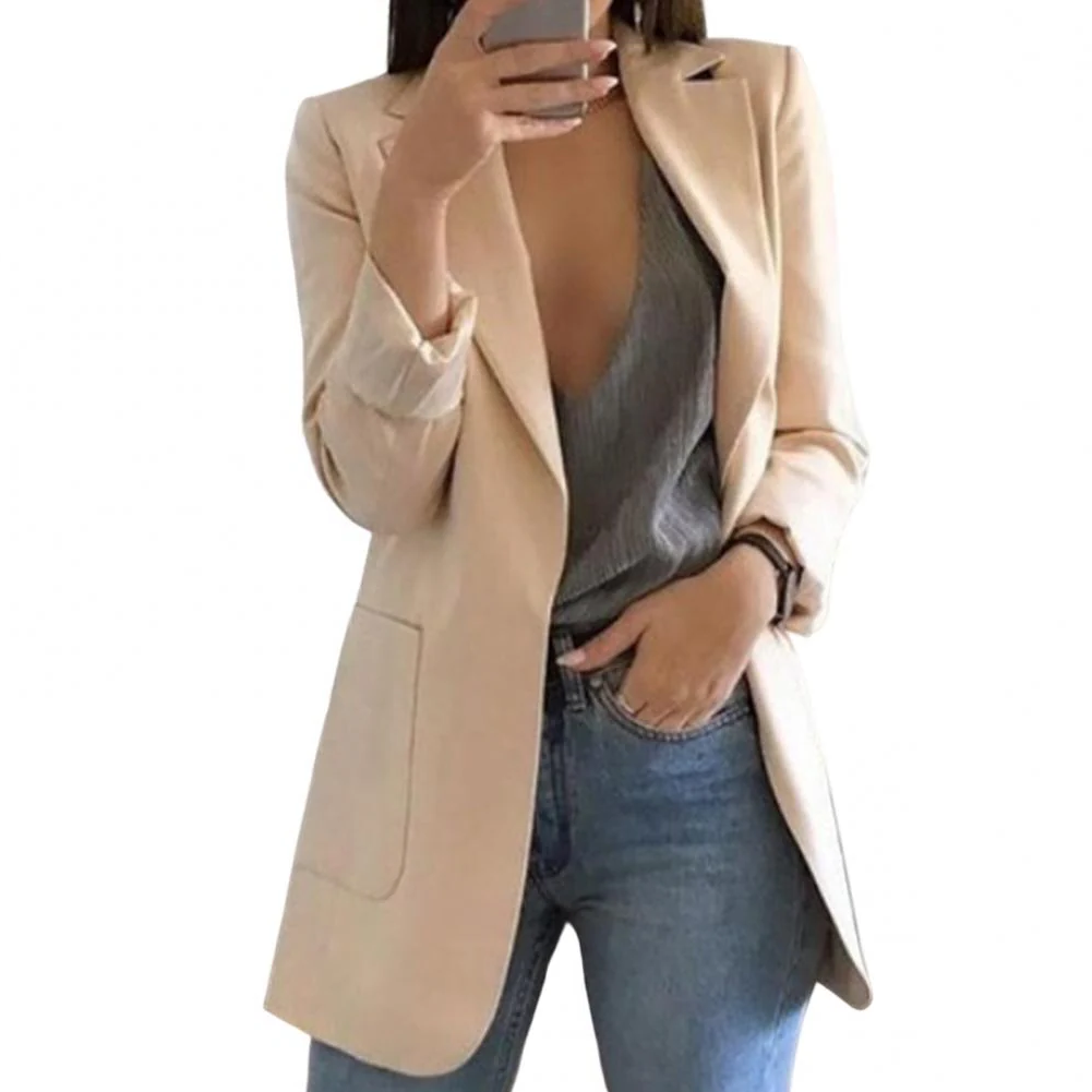 Women's Long Wool Blazer with Open Front Design and Tailored Fit