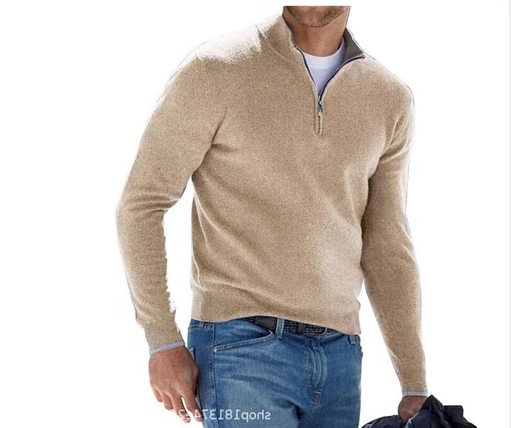 Men Long Sleeve Sweater with Zipper Front and Solid Color Design