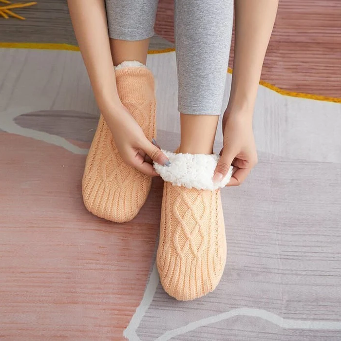 Fleece Thermal Socks with Silica Grip Bottoms and Moisture Wicking, Roll Down Tops