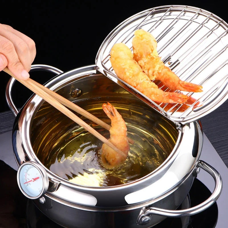 Stainless Steel Tempura Pan with Built-in Thermometer for Even Frying