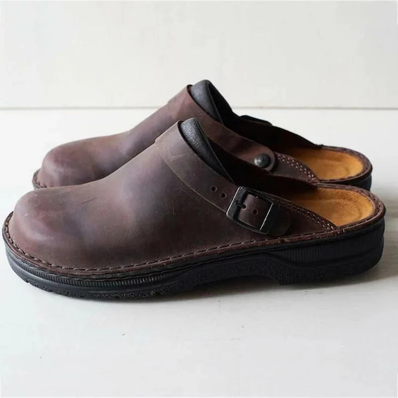 Genuine Leather Men's Slippers with Orthotic Support