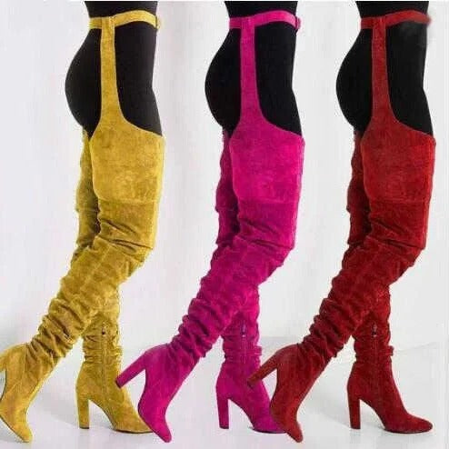 Women’s Thigh High Slouch Boots with High Waist Belt and Chunky Heel